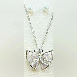Daisy Fuentes Luxe Butterfly 18” silver Necklace, pink cubic zirconia & Earrings